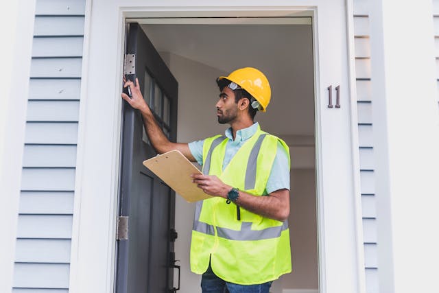 Property inspector checking a doors hinges