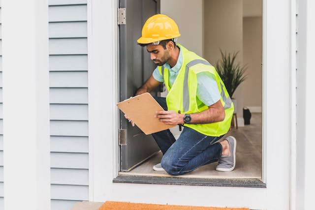 a home inspector reviewing an exterior doorway