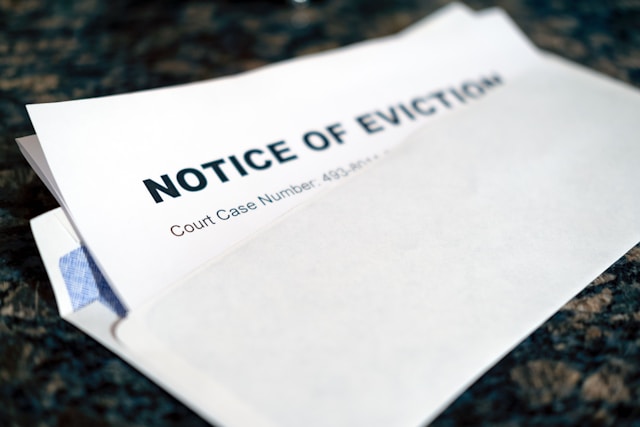 an eviction notice open on a counter top