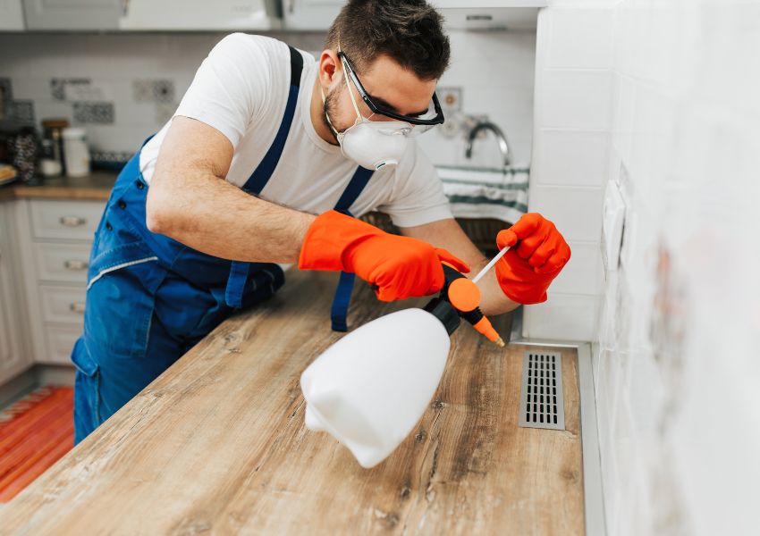 mold removal experts in a mask spraying something in a vent